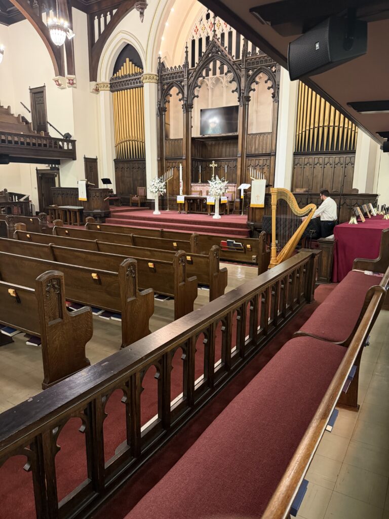 Live harp and violin wedding ceremony music at First Christian Church in Springfield, Illinois